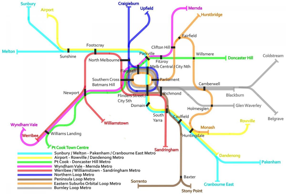 vlak podzemne željeznice na karti Melbournea